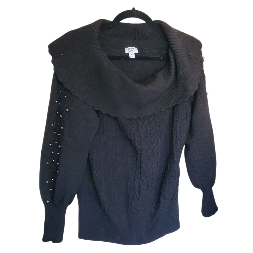 Crown & Ivy Black Size M Cowl Neck Sweater Silver Sleeve Pearl Studs Feminine